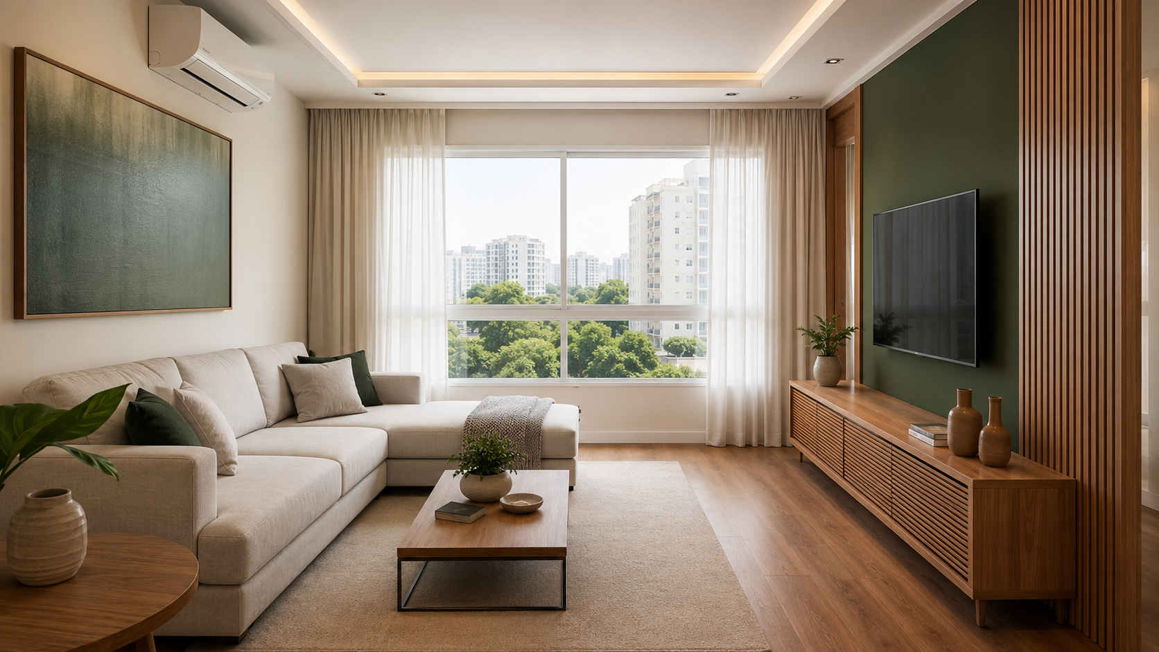 Sala reformada de apartamento pronta para revenda em operação de house flipping