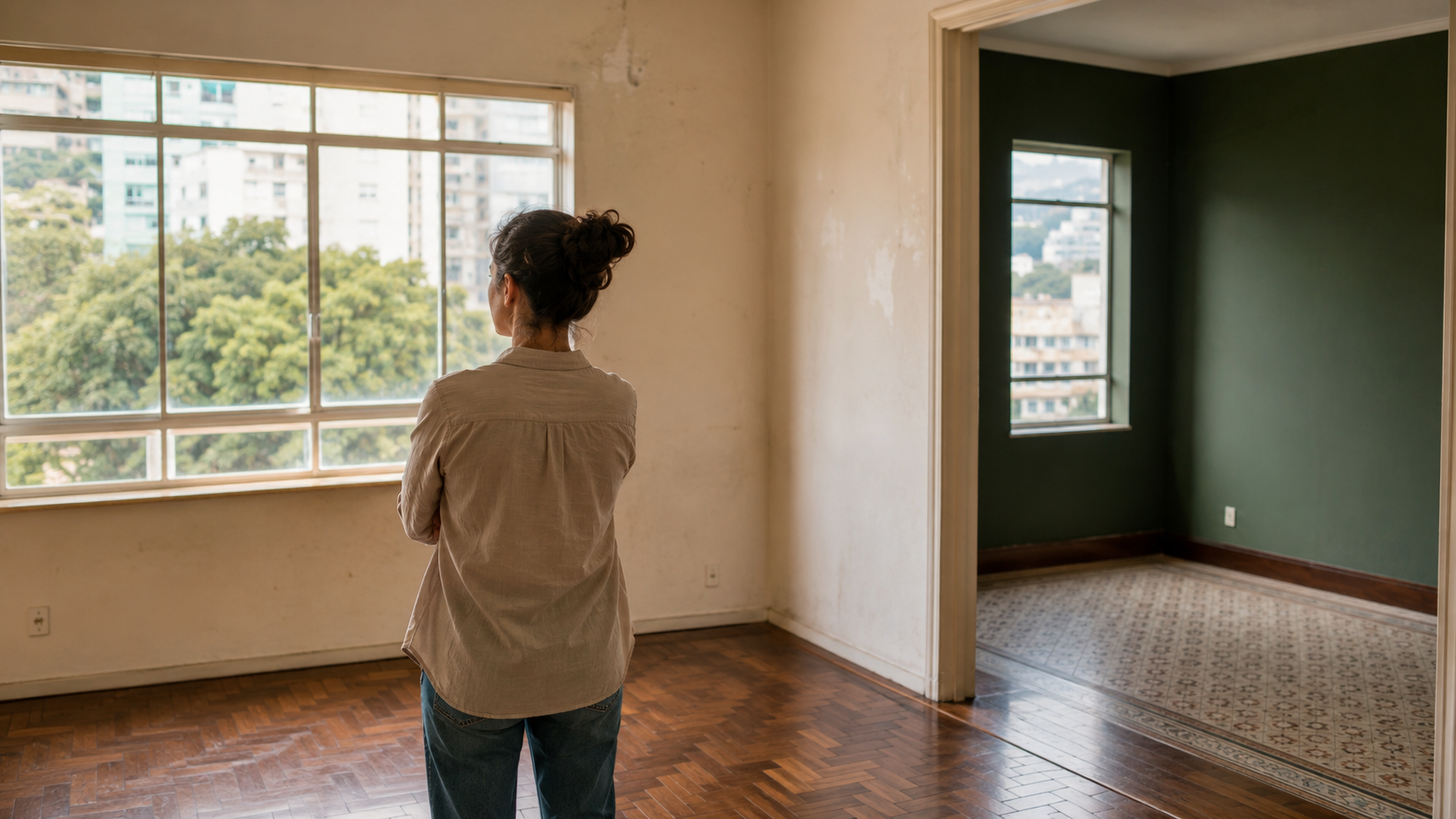 Investidora iniciante avaliando um apartamento vazio para começar um house flipping