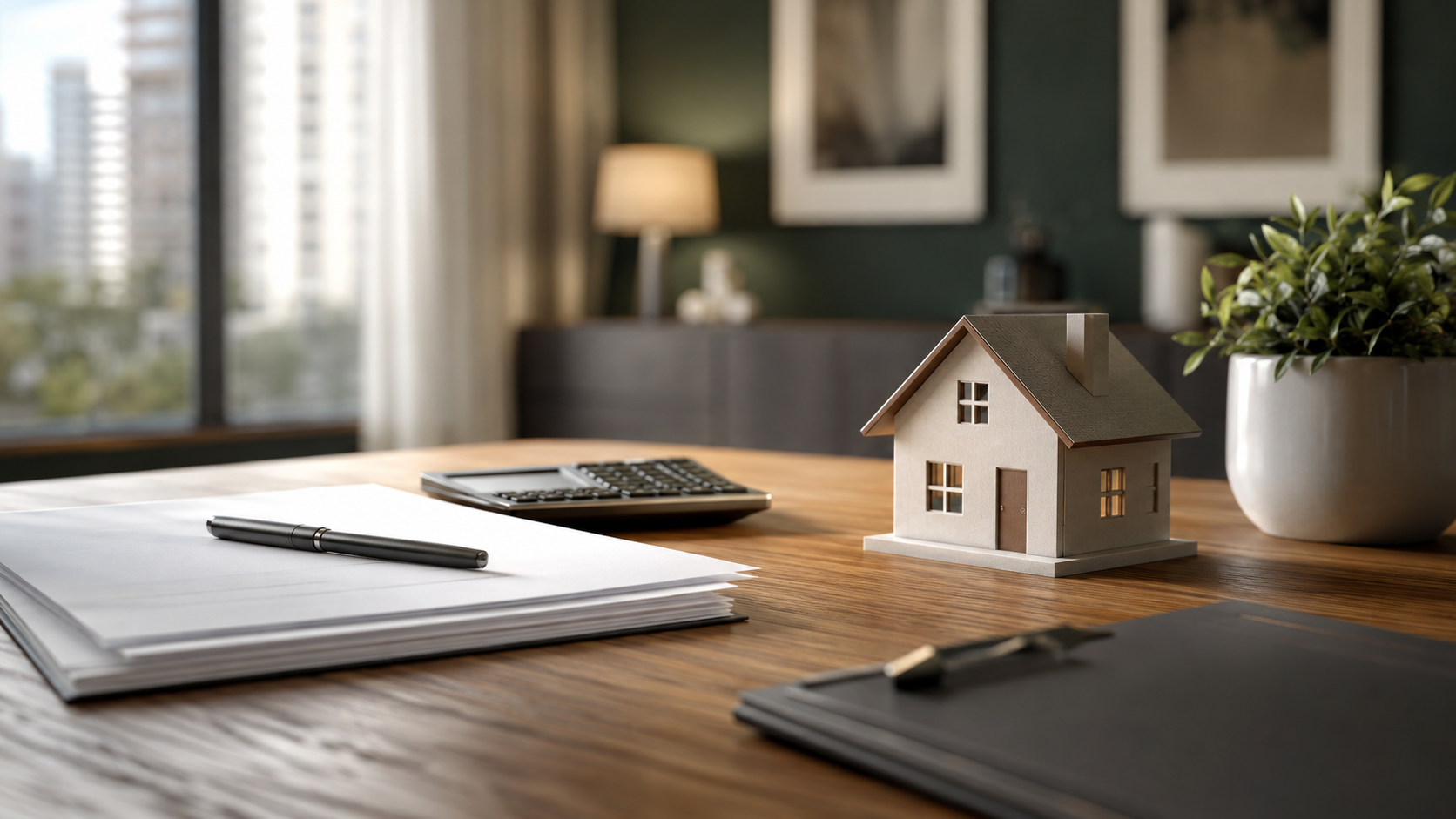 Miniatura de casa ao lado de calculadora e documentos representando impostos no house flipping
