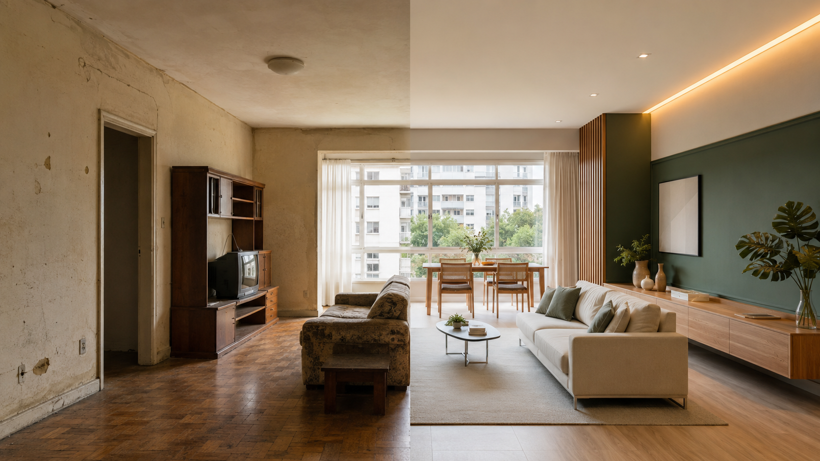 Sala de estar de apartamento antes e depois de reforma de house flipping